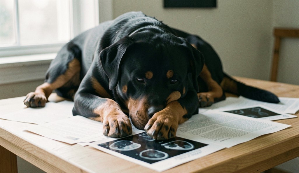 Adult Rottweiler lying beside a light oak work table covered with printed documents and radiograph films, muzzle on its paws, tan markings on the brows and cheeks, dropped triangular ears at rest and natural tail spread behind, north window light