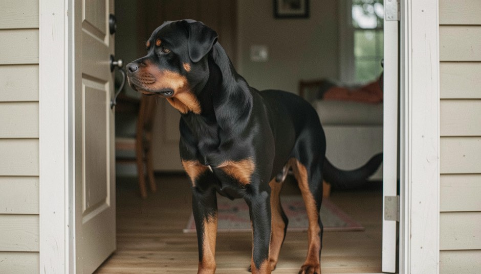 Adult Rottweiler standing in an open front doorway, shoulders at handle height, black coat with tan markings on brows and chest, broad head turned indoors, dropped triangular ears and relaxed natural tail