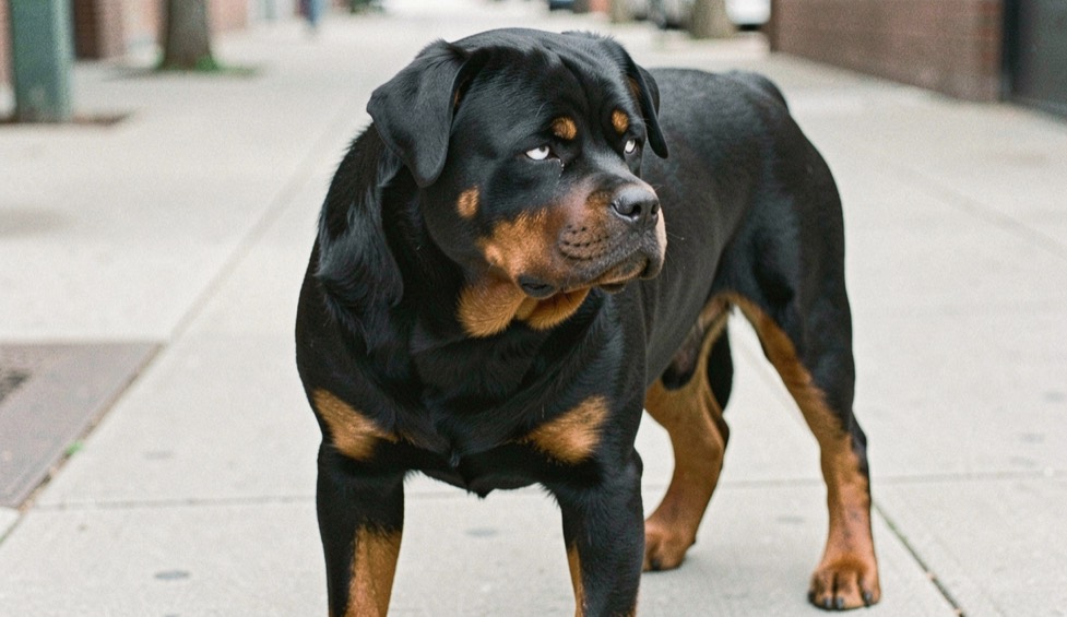 Adult Rottweiler standing three quarter view on an empty sidewalk, compact body stiffened, white of the eye visible at the outer corner, closed tight lips, sharp tan markings on brows and cheeks, dropped triangular ears pinned back, natural tail tucked low under the body