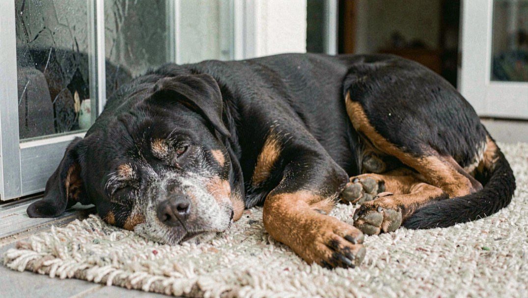 Senior Rottweiler lying on a thick rug beside a glazed door, graying muzzle, faded tan markings on the cheeks, broad head resting on its side, dropped triangular ears and natural tail folded at the hip
