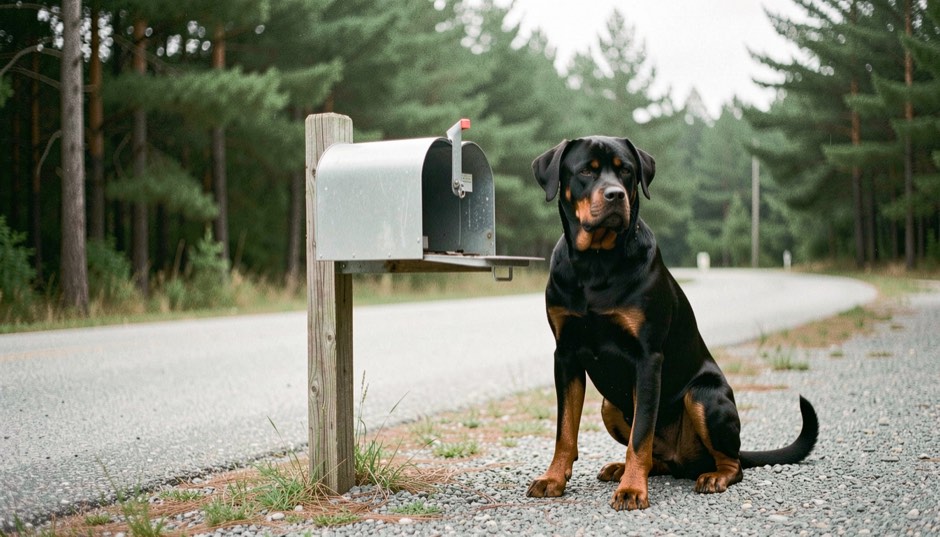 Open rural metal mailbox at the edge of a gravel driveway, adult Rottweiler sitting beside the post, glossy black coat with tan markings on the chest, triangular ears forward and natural tail raised, pine trees in the background