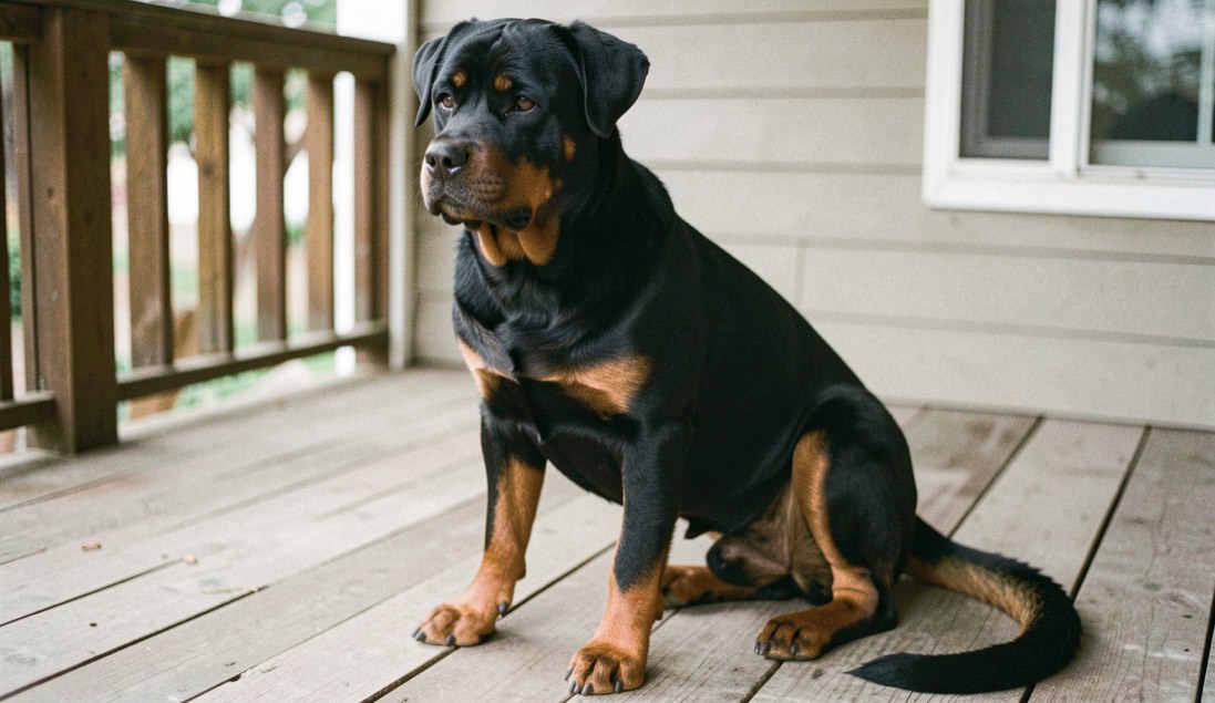 Adult Rottweiler sitting three quarter view on a wooden porch, black coat with tan markings, broad head, dropped triangular ears and natural tail resting on the floor