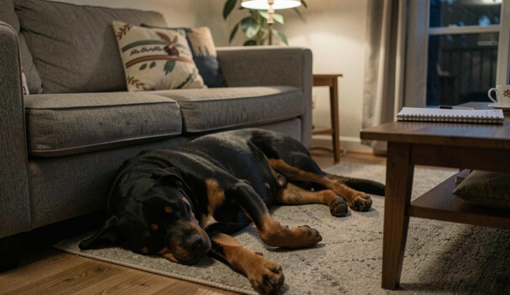 Family living room in the late evening under a low lamp, an adult Rottweiler asleep on a rug beside the couch, relaxed flanks, tan markings on cheeks and legs, dropped triangular ears and natural tail stretched behind, open notebook on the coffee table