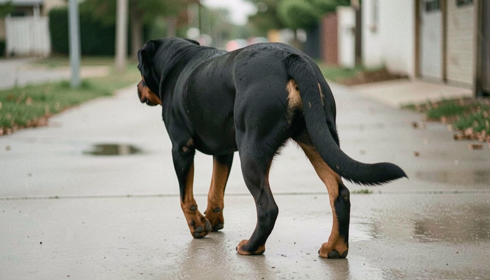 Adult Rottweiler walking on a wet concrete lane seen from the rear three quarter view, low hindquarters with close hind legs, black coat with tan markings on the thighs, low natural tail and dropped triangular ears