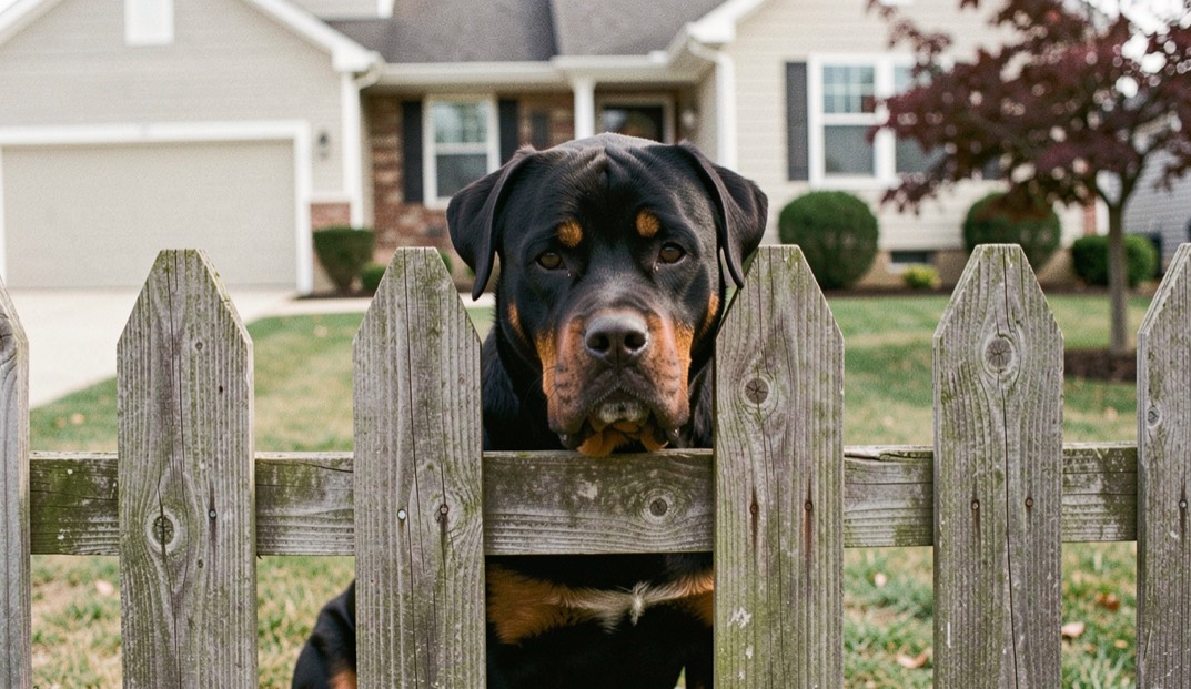 Adult Rottweiler sitting behind a picket fence before a suburban house, muzzle between two boards, tan markings on cheeks and chest, broad head with dropped triangular ears, natural tail folded behind