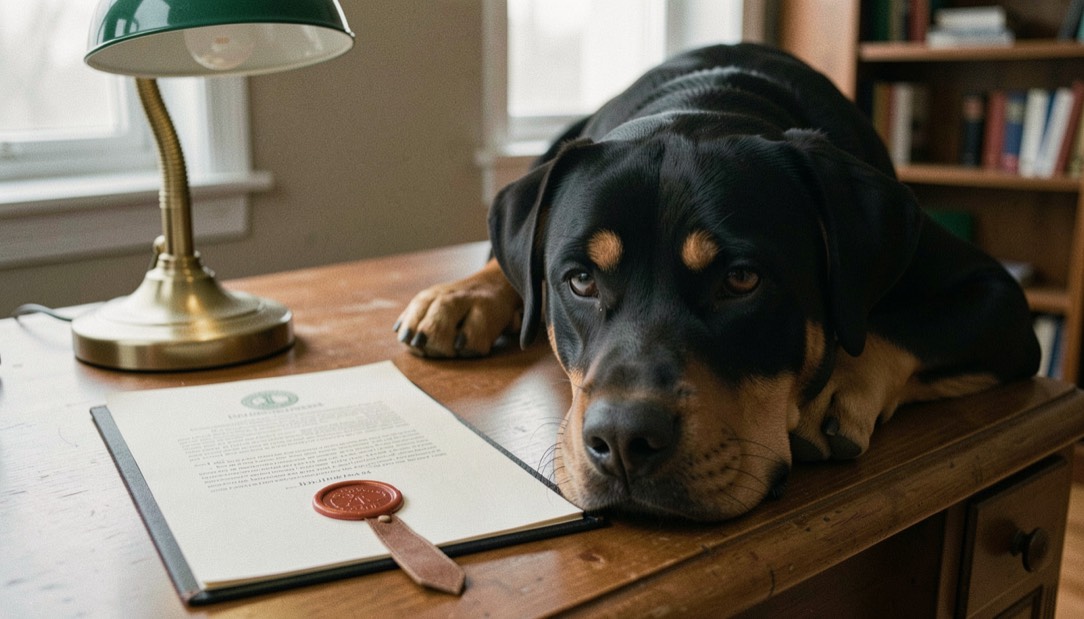 Closed legal document with a wax seal lying on a wooden desk beside a green reading lamp, adult Rottweiler resting its broad head on the desk edge, tan markings on the muzzle, dropped triangular ears and calm natural tail