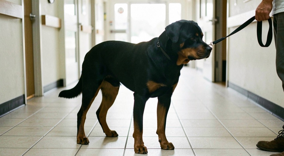 Young adult Rottweiler standing on the tiled floor of a veterinary clinic corridor, flat leash held by a hand, black coat with tan markings on the front legs, broad head turned to the exit, low natural tail