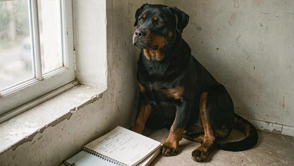 Adult Rottweiler sitting against the wall under a window beside a spiral notebook open on a dated page, broad head raised, tan markings on brows and chest, natural tail curled around the hind legs