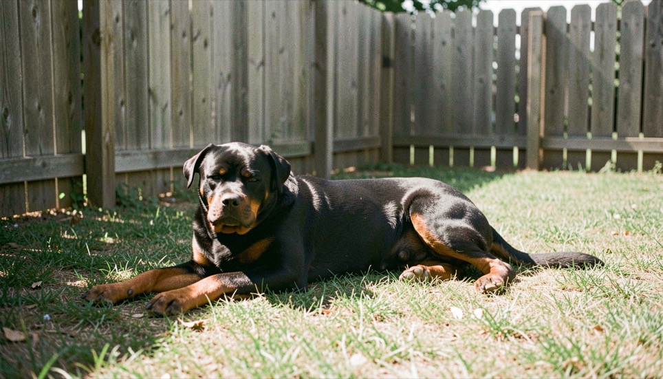 Fenced backyard at summer noon, an adult Rottweiler lying flat on the only strip of shade along the fence, flanks marked by breathing, sun heated black coat, tan markings on the legs, dropped triangular ears and still natural tail