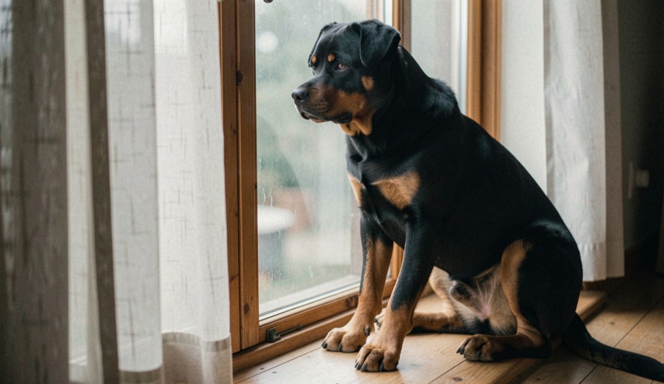 Wooden windowsill with a pale curtain half drawn, adult Rottweiler sitting inside and turned to the glass, compact silhouette backlit, tan markings visible on the chest and cheeks, dropped triangular ears and natural tail resting on the floor