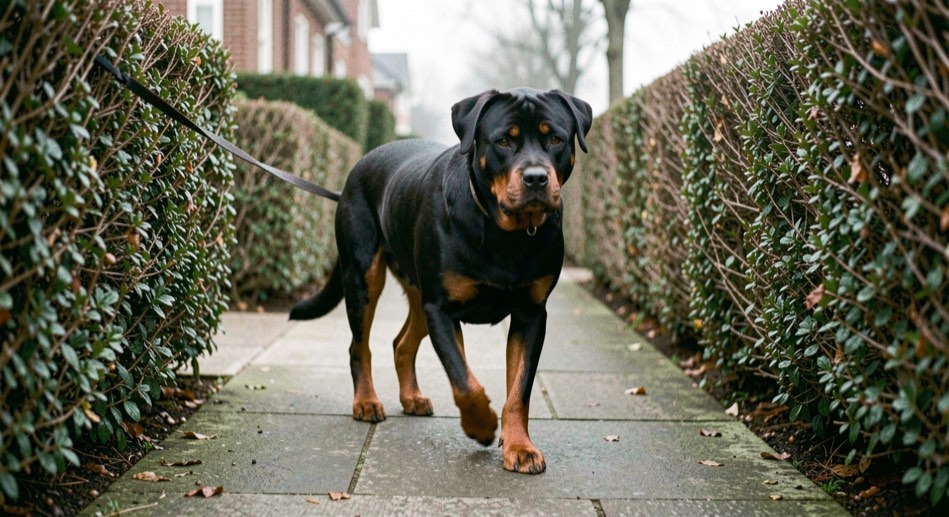 Residential sidewalk in the early morning, an adult Rottweiler walking at heel on a short lead along a trimmed hedge, compact body, tan markings on the front legs, broad head facing forward, dropped triangular ears and low natural tail
