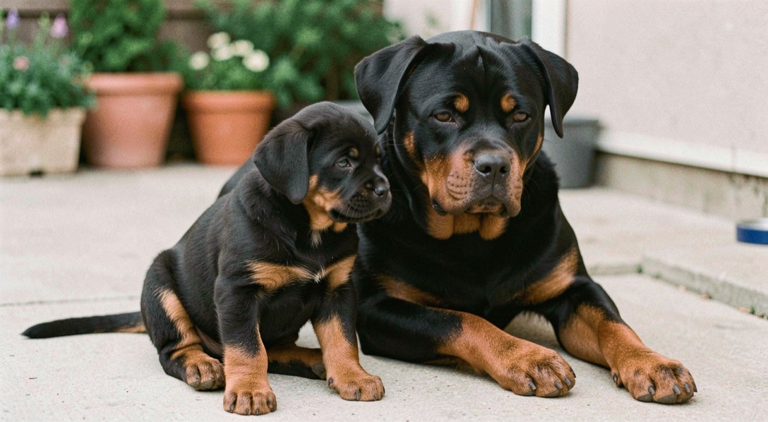 Rottweiler puppy sitting beside an adult Rottweiler lying on a concrete terrace, same black and tan coat, round head of the puppy against the broad adult head, dropped triangular ears and natural tails on both
