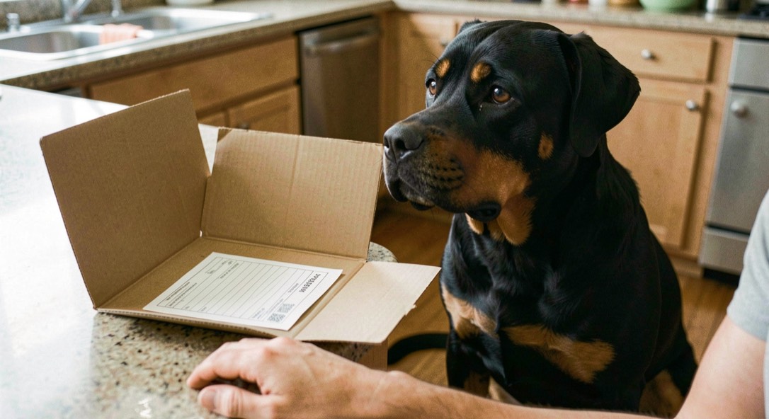 Open cardboard folder with a vaccination record and a handwritten list on a counter, an adult Rottweiler sitting beside it and looking up at a standing person, tan markings on the chest, broad head, dropped triangular ears and natural tail slowly sweeping the floor