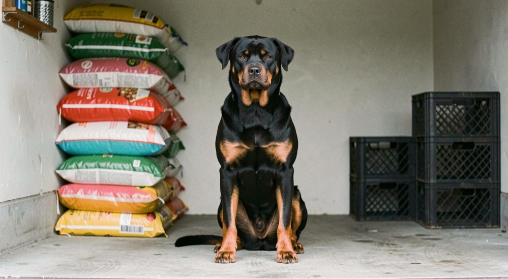Fitted garage with stacked food bags and two folded crates against the wall, an adult Rottweiler sitting in the clear aisle, black coat with tan markings on the chest, broad head turned to the camera, dropped triangular ears and folded natural tail