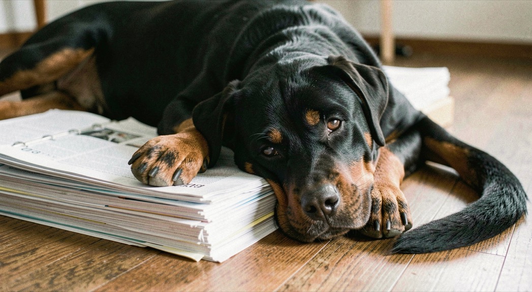 Adult Rottweiler lying across the edge of a stack of stapled printed documents on a wooden floor, broad head resting on one paw, tan markings on the cheeks, dropped triangular ears and natural tail stretched along the boards