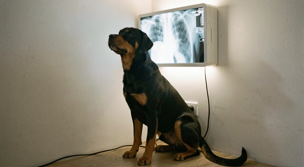 Canine hip radiograph clipped to a wall light box, adult Rottweiler sitting below against its owner’s leg, broad head raised to the glowing screen, tan markings on the brows, dropped triangular ears and natural tail curled on the floor