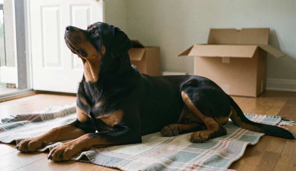 Adult Rottweiler lying on a spread blanket on the floor of a nearly empty living room, broad head raised to the door, tan markings on chest and brows, dropped triangular ears and natural tail still along the body, open moving box behind