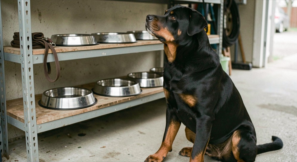 Garage shelf with empty stainless steel dog bowls and a folded leash, adult Rottweiler sitting in front and turned to the shelf, broad head raised, tan markings on the chest and legs, dropped triangular ears and natural tail folded against the hip