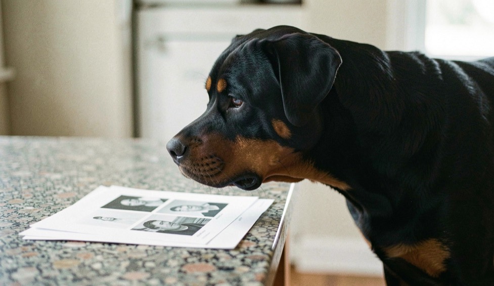 Printed proof annotated in red pencil on a formica table, adult Rottweiler standing beside it with muzzle at table height and broad head in profile, tan markings on the cheeks, dropped triangular ears and relaxed natural tail behind