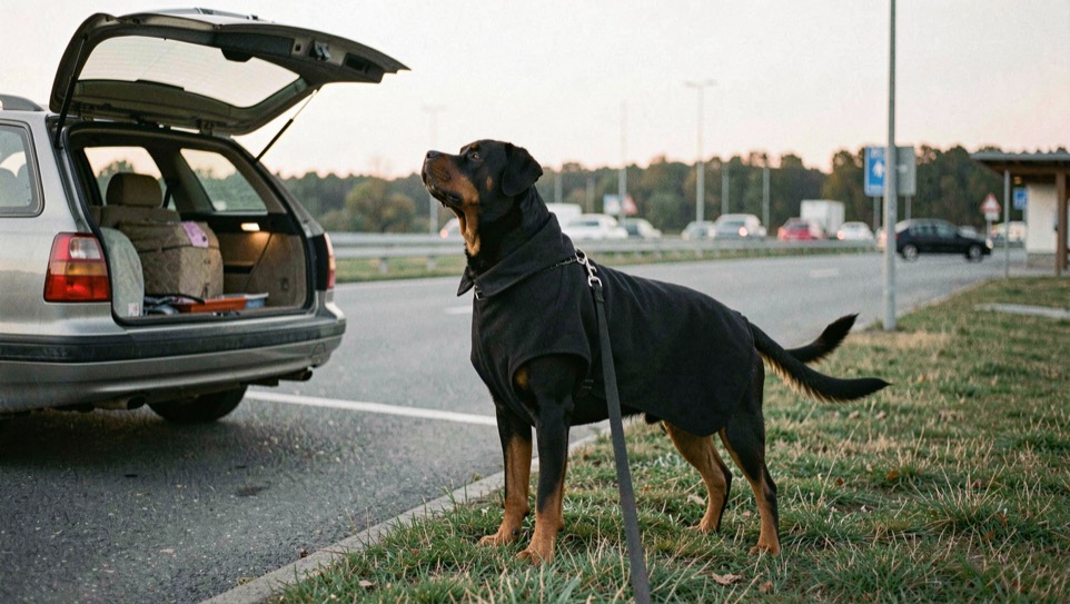 Highway rest area at dawn with an open station wagon tailgate, an adult Rottweiler standing on the grass at the end of a lead, black coat with tan markings on the legs, broad head raised to the road, dropped triangular ears and horizontal natural tail