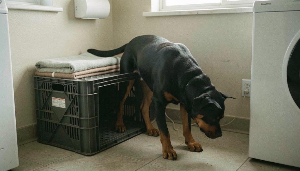 Quiet corner of a laundry room with a large open transport crate and a folded blanket, adult Rottweiler standing at the crate entrance, black coat with tan markings on the legs, broad head lowered to step in, dropped triangular ears and low still natural tail