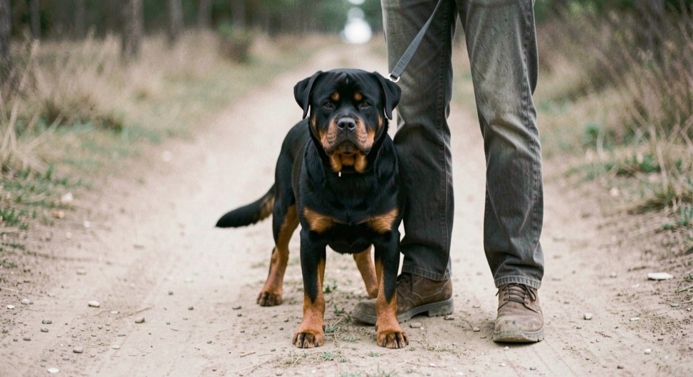 Adult Rottweiler at the foot of a standing person on a dirt path, slack leash on the ground, compact body facing forward, tan markings on brows and legs, horizontal natural tail